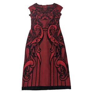 Worthington Mod Red & Black Velvet Geometric Flock Sheath Lace Dress Size 8